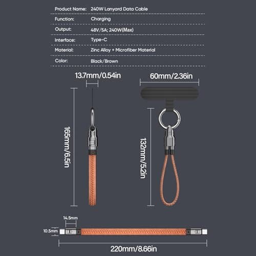 KACCDE Phone Strap and 240W USB C Charging Cable for Travel, Yellow — view 3