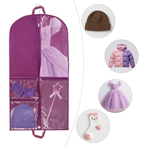 Waterproof Clothes Covers,40 inch Dance Costume Dress Bag Hanging Garment Bags with 3 Zipper Pockets,Foldable Travel Garment Bag with ID Slot for Dancers, Kids, Women (PURPLE) — view 4
