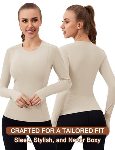 IECCP Women's Long Sleeve Workout Shirt Thermal Shirts Plus Size Athletic Fleece Tops Ski Shirt with Thumb Hole Bone XL — view 3