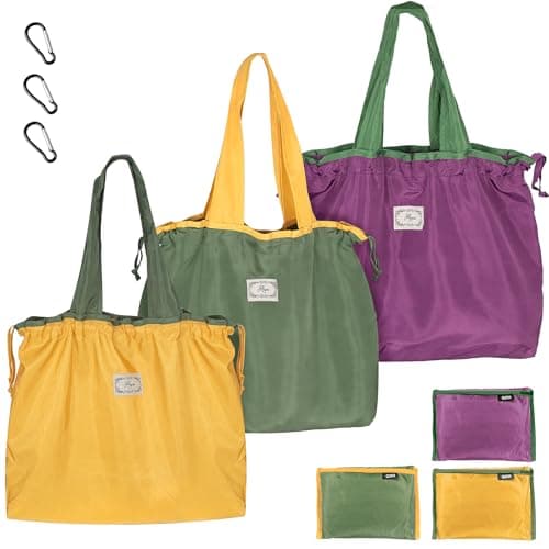 3PCS Reusable Shopping Bag Set, Lightweight Foldable Grocery Bags with Handles, Large Eco Drawstring Tote Bags, Drawstring Waterproof Shopper Bags Great Gift for Wedding Birthday Beach Women Mom