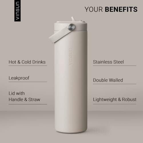 VINSUN Stainless Steel Water Bottle 750ml with Straw and Carrying Handle — view 2