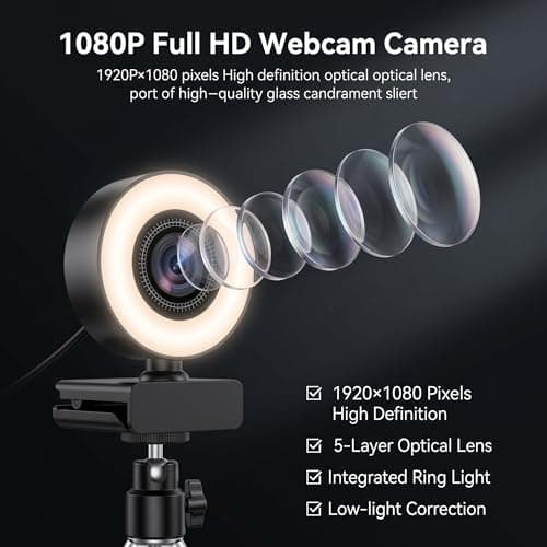 HUYEOOG 1080P HD Mini Webcam with 3-Color Fill Light, Wide Angle Lens, Noise Canceling Microphone and Tripod, USB C Adapter Included for Laptop Desktop Zoom Skype Streaming Gaming — view 2