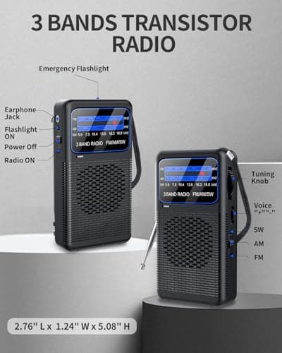 AM FM SW 3 Band Pocket Radio, Portable Battery Operated Shortwave Radio, Back Clip Transistor radios with 3.5mm Earphone Jack, Emergency LED Flashlight for Camping, Home — view 4