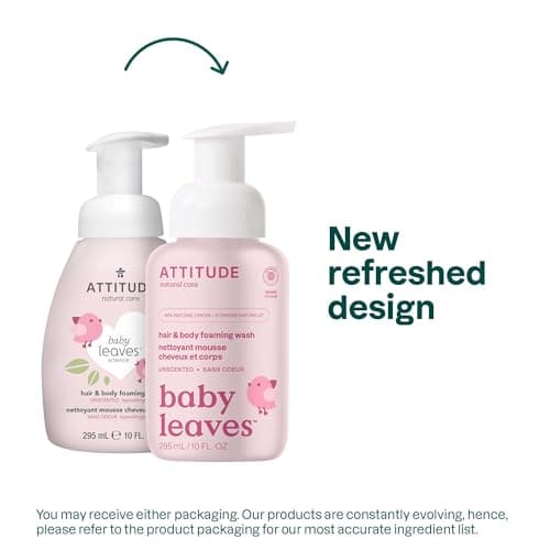 ATTITUDE 2-in-1 Hair and Body Foaming Baby Wash, EWG Verified Shampoo Soap, Dermatologically Tested, Made with Naturally Derived Ingredients, Vegan, Unscented, 295 mL — view 2