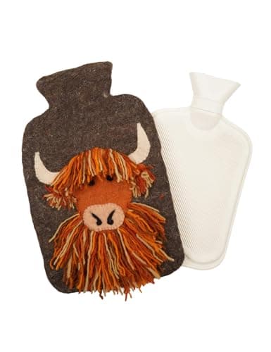 Pachamama Handfelted 100% Wool Hot Water Bottle Cover and 2 Litre Hot Water Bottle - Hairy Highland Cow Pattern Handmade Fair Trade Multicoloured Thermal — view 2