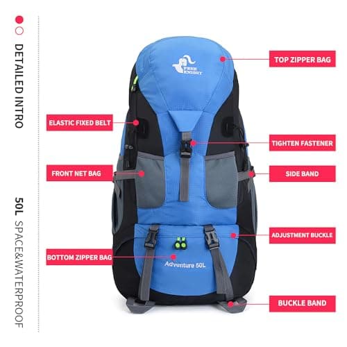Bseash 50L Hiking Backpack, Water Resistant Lightweight Outdoor Sport Daypack Travel Bag for Camping Climbing Touring (Light Blue - No Shoe Compartment) — view 6