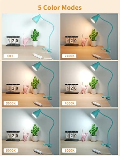 BOHON Desk Lamp with Clamp, 10W 38 LED Clip on Light, 3 Color 10 Brightness Auto Off Timer, Flexible Gooseneck Clip Lamp, Desk Lights for Office Home Bed Bedside Reading, Adapter Include, Teal — view 2