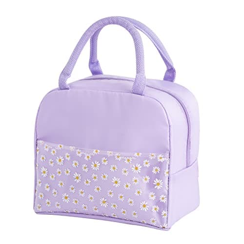 OTKARXUS Insulated Lunch Bag for Women,Portable Waterproof Lunch Box Cooler Bag with Daisy Pattern Transparent Pocket,Lunch Bag for Adults Girls Kids School Work Picnic Travel (A Purple)