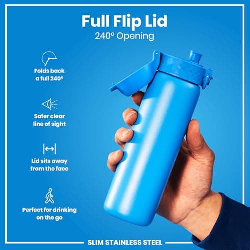 Ion8 Lightweight Steel Water Bottle, 600 ml/20 oz, Non-Insulated, Leak Proof, Easy to Open, Secure Lock, Dishwasher Safe, Flip Cover, Fits Cup Holders, Carry Handle, Metal Water Bottle, Blue — view 4