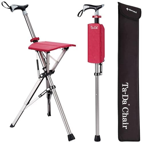 STEP2GOLD Ta-Da Chair - Walking Stick with Seat, Ultra-Light Aluminium Frame & Sturdy Foldable Stool (up to 110kg), Collapsable Folding Design, Ideal for Travel & Sightseeing - Red, 85 cm