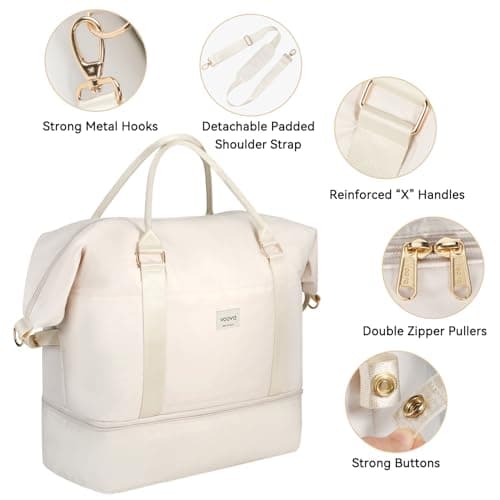Voova Weekend Overnight Bag for Women, Large Travel Duffle Bag with Shoes Compartment, Carry On Tote Bag with Toiletry 、Cosmetic 、Shoes Bag 4 Pack Set for Ladies Gym, Hospital, Yoga, Beige — view 4