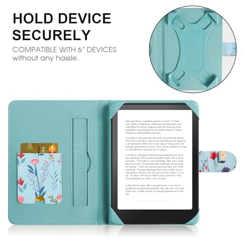HoYiXi Universal Case for 6-inch Kindle eReader Compatible with Kobo/Voyaga/Pocketbook/Tolino E-book reader,6'' eReader Protective Cover with Built-in Card Slot,Black (flower 2, 6 inch) — view 3