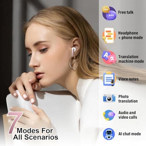 VEKJ AI Language Translation Earbuds Real Time, Supports 164 Languages With AI App, 3-in-1 Bluetooth 5.4 Translator Earbuds with 7 Trans Modes, 42H Translation Device fit Business/Travel, Rose — view 3