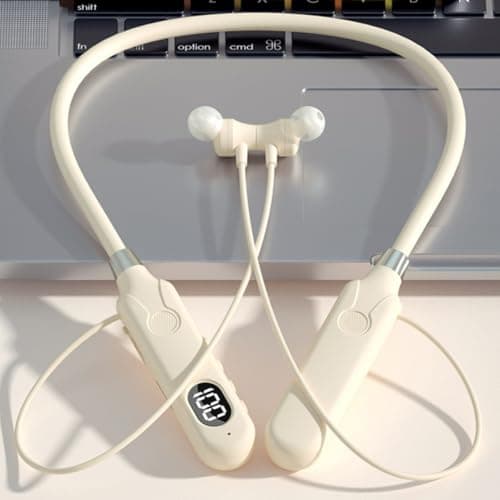 LALADEFIEE Wireless Neckband Around the Neck Headphone Comfortable Design Lightweight Portable for Travel and Outdoor Activities Beige — view 4