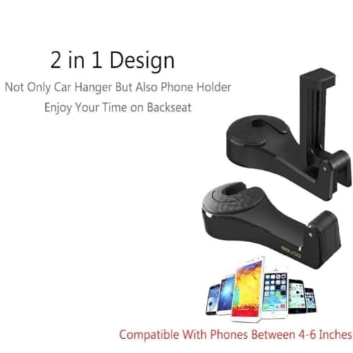 Orco 2 Pack Car Headrest Hook with Phone Holder, 2-in-1 Universal Back Seat Hanger for Purses and Bags, 360° Rotation Heavy Duty Vehicle Organizer, Compatible with 4.0-6.44" Smartphones - Black — view 4