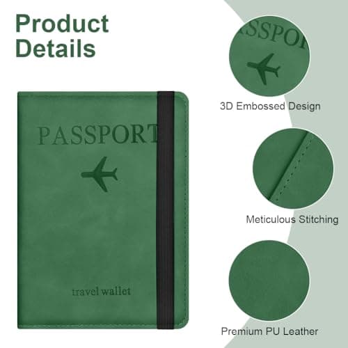 AOOSU Passport Holder Cover, PU Leather Passport Cover with RFID Blocking Travel Wallet, Portable Universal Travel Wallet Case Organiser for Money, Boarding Passes, Credit Cards Green — view 4
