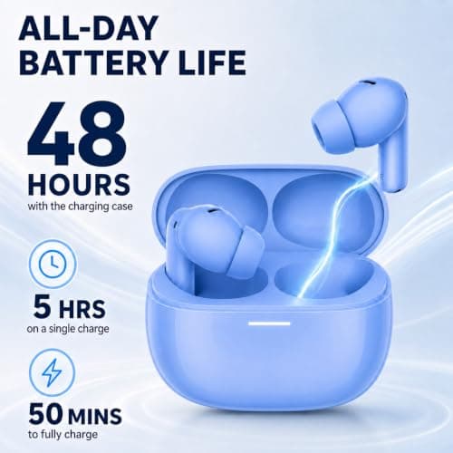 XuLinSe Wireless Earbuds Bluetooth 5.3 Headphones, In Ear Bluetooth Earphones with 4 Mics, IPX7 Waterproof Ear Buds, 10mm Drivers, Touch Control, Auto Pairing, HiFi Stereo Sound (light blue) — view 5