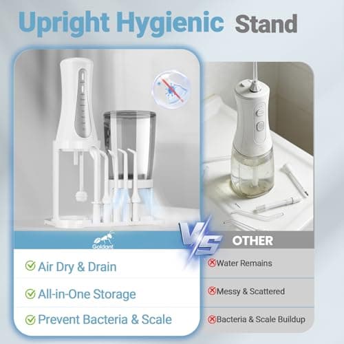 GOLDANT 2026 New 350ML Water Flosser with Drainage & Storage Stand, Keeps Dry & Clean, Travel Bag, 5 Modes, 360°Nozzle, Cordless Rechargeable, IPX7 Waterproof, Portable for Home & Travel (White) — view 2