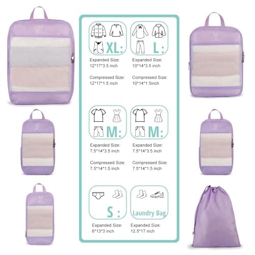 6/8 Set Space Saving Compression Packing Cubes Lightweight Packing Cube, Lavender, 6 Pcs(XL,L,M*2,S,laundry bag), Modern — view 5