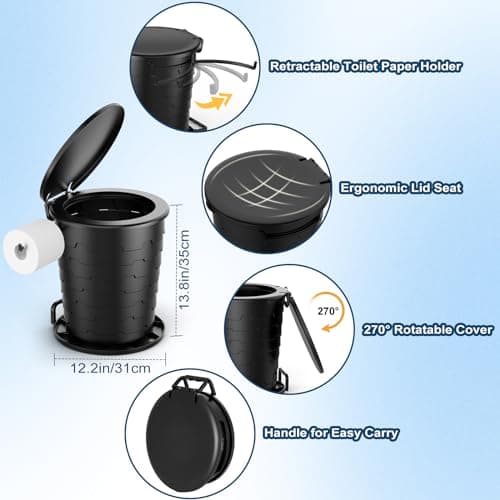 WADEO Upgraded Foldable Camping Toilet, Collapsible Potty with Lid & Toilet Roll Holder, Portable Travel WC for Camping, Trip, Car (Black - Retractable) — view 5