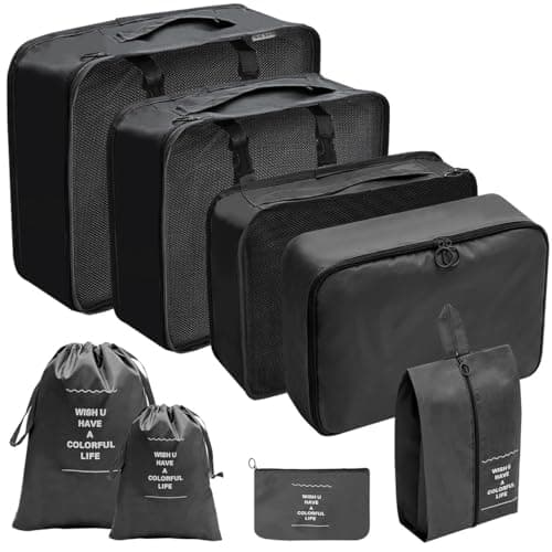 GELIMY 8PCS Packing Cubes for Travel – Waterproof Luggage Organisers with Compression, Lightweight Suitcase Organizer for Efficient Packing – Travel Essentials for Men & Women (UK) (BLACK)