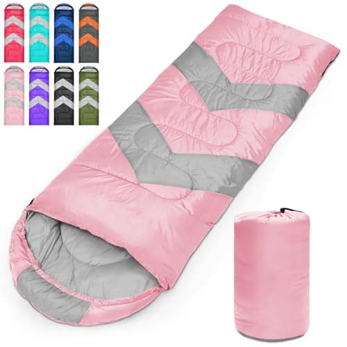 Tesmien Sleeping Bag for Adults & Kids 3-4 Season Warm Weather and Winter Lightweight, Waterproof for Teens, Men's Indoor & Outdoor Camping/Traveling/Hiking, Pink Grey