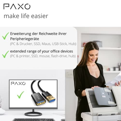 PAXO USB extension 0.5m, 10 Gbit/s (1.25 GByte/s), USB 3.2 Gen2 (3.0, 3.1), USB extension cable, A plug to A socket, black, fabric jacket — view 3