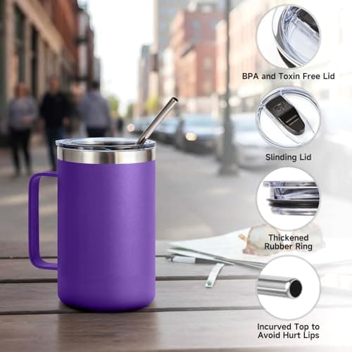 Volhoply 470ml (16oz) Insulated Coffee Mug with Lid and Straw, Stainless Steel Travel Mugs with Handle, Double Wall Vacuum Leak Proof Coffee Tumbler Cup (Purple,1) — view 6