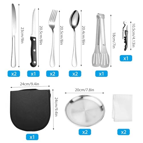 14 Pcs Camping Plate Set - Reusable Stainless Steel Cutlery Camping Cutlery Set with Plates Forks Spoons Corkscrew, Ideal for Road Trips, Picnics and Camping Adventures - Suitable for 2 People — view 3