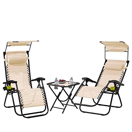 Neo 3pcs Folding Portable Zero Gravity Chairs Sun Lounger Table Set Cup Holders Reclining Garden Patio Outdoor Camping (Cream)