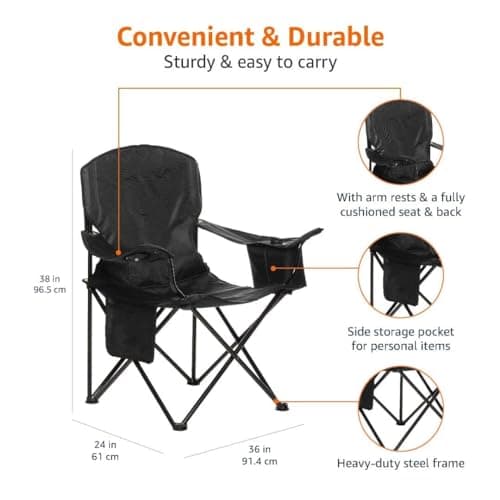 Amazon Basics Comfortable, Heavy Duty, Portable Camping Chair with 4-Can Cooler, Side Pocket, Cup Holder, and Carry Bag, Collapsible for Camping, Fishing, Beach, and Backpacking, XL, Padded, Black — view 3