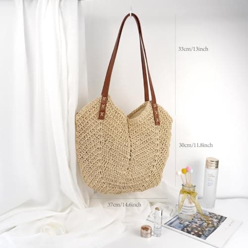 Straw Beach Bag for Women, Summer Straw Tote Bag Handbag with Zip Leather Handles, Retro Handmade Boho Casual Woven Travel Holiday Shoulder Bags for Beach Vacation Outdoor Shopping Daily Use (Beige) — view 5