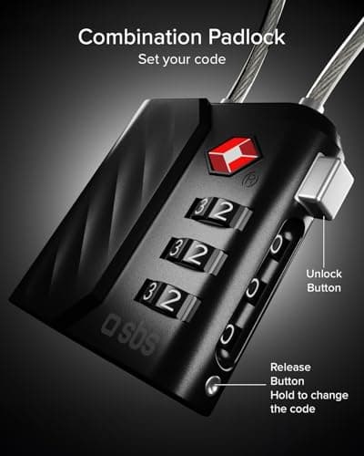 SBS Track My Lock, TSA Lock with Integrated Finder Tracker, Compatible with Apple Find My (iOS), 3-Digit Combination Lock, 60 dB Alarm, USB-C Rechargeable, Ideal for Suitcases and Bags, Black — view 3