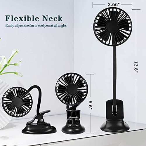Clip On USB Mini Desk Fan with Emergency Power Bank, Battery Operated Rechargeable Portable Fan - Flexible Neck, 3 Speed Personal Cooling for Baby Stroller, Car, Camping, Office, Dorm, Beach - Black — view 6