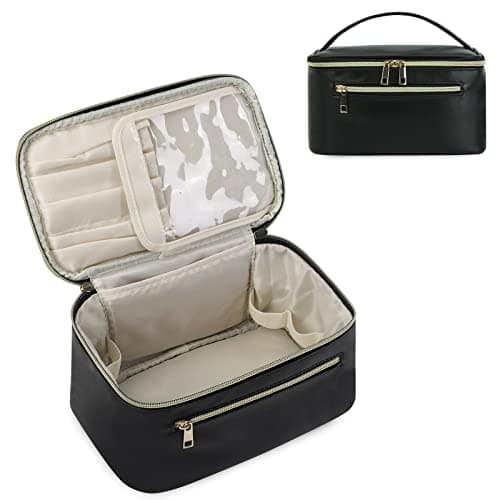 Travel Makeup Bag with Brush Compartment, Large Cosmetic Bags, PU Leather Makeup Case with Handle, Water-Resistant for Women, Black (Patent Pending)
