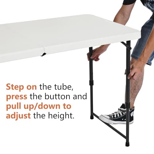 Amazon Basics 4 Foot Rectangular Folding Table, 4 Adjustable Height Settings with Carrying Handle, Indoor & Outdoor, Portable, Lightweight, Travel Table, Picnic, Camping, White, 121.4 x 60.7 x 86.1 cm — view 5