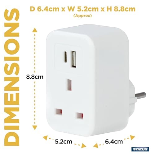 Status UK to EU Travel Adaptor, USB-A & USB-C Ports, White — view 2