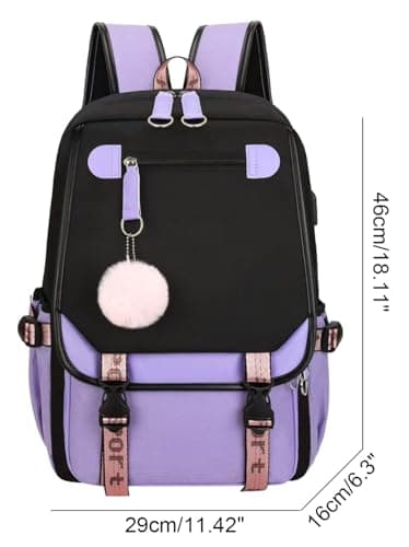 SellerFun Teenage girls' Backpack Middle School Students Bookbag Outdoor Daypack With USB charge Port (4# Purple, 21 Liters) — view 2