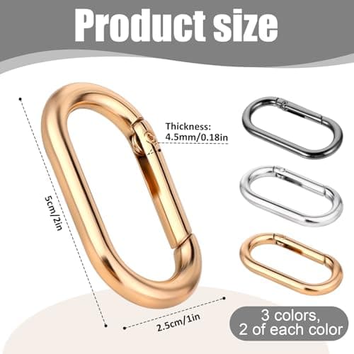 6 Pcs Bag Strap Clip,Key Clip for Purse,Bag Charm Metal Spring O Clips Keychain Oval Snap Clips Carabiner for Purse for Handbag Key Crafts Jewelry Making Webbing Lanyards (Gold, Silver, Black) — view 2
