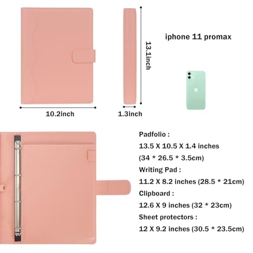 Wonderpool A4 PU Leather 4 Ring Holder Writing Portfolio Multi Document Case with Removable Binder Clipboard and Functional Pocket for Organizer Office Travel School (Pink) — view 5