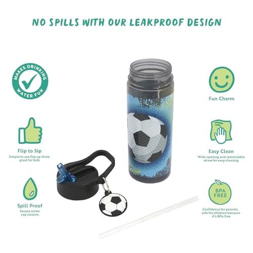 Polar Gear Football 500ml Kids Water Bottle with Straw - Back to School Supplies, Drinks Bottle with Keyring Charm, Black & White — view 3