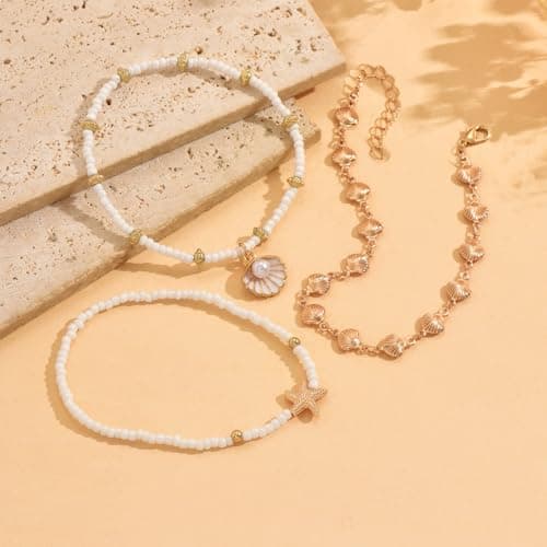 Sidlens Gold Shell Ankle Bracelets for Women Adjustable Boho Beach Jewelry Set With Starfish Conch Pearl Bead Summer Vacation Foot Accessories Gifts for Travel, Adjustable, Alloy, no gemstone — view 6