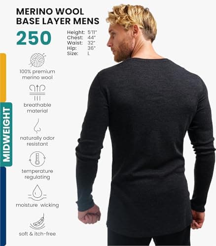 100% Merino Wool Base Layer Men - Long Sleeve Thermal Shirt + Hiking Socks (Medium, Charcoal Gray 250) — view 2