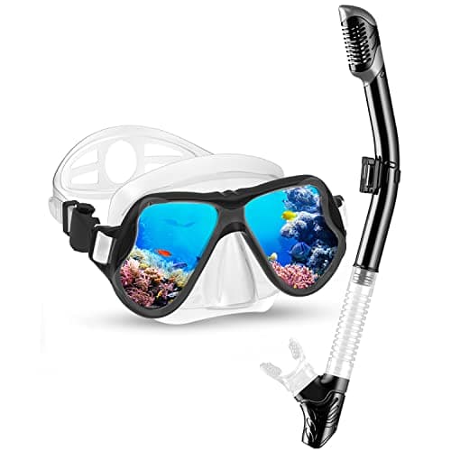 QcoQce Snorkel Set Adults, Snorkel Set with Snorkelling Mask & Dry Snorkel, Panoramic Wide View Diving Mask Snorkelling Gear for Adults
