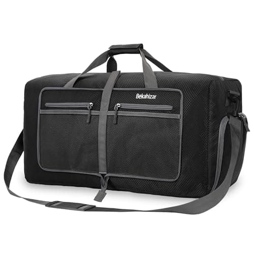 Bekahizar Travel Duffle Bag 60L Lightweight Foldable Holdall Duffels Large Weekend Overnight Bag Packable Carry On Luggage with Shoe Compartment for Men Women Camping Storage Gym Beach (Black)