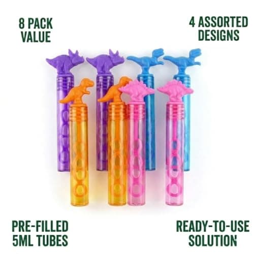 TC TOYS - 8 Pack Dinosaur Bubble Wands for Kids - Dino Party Bag Fillers, Toddler Birthday Favors & Small Stocking Fillers - 5ml Mini Bubble Tubes in 4 Assorted Designs — view 2