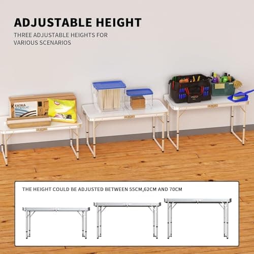 4FT Large Folding Table, Adjustable Heights Heavy Duty Folding Camping Table, Portable Lightweight Aluminum Trestle Table, Picnic Table with Carrying Handle, 120x60cmx3 Height 70/62/55cm, White — view 5