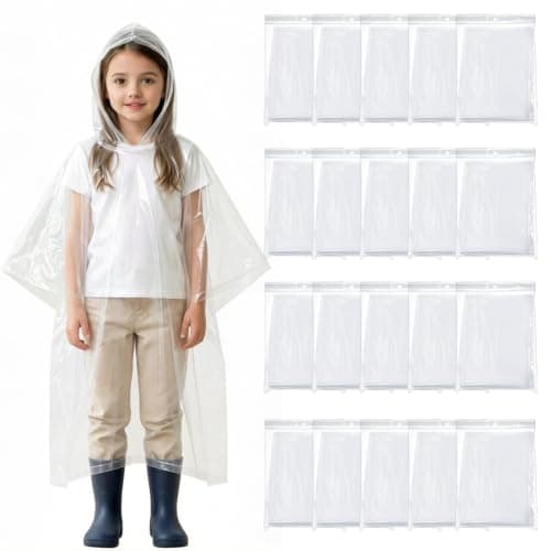Cididu 20 Pack Disposable Rain Ponchos for Kids, Clear Plastic Ponchos with Hood, Waterproof Raincoat for Boys Girls, Emergency Rain Poncho Lightweight for Outdoor Events, Travel, Camping, Hiking