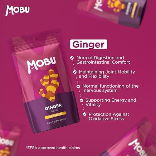 Ginger 1000mg 120 Tablets | Ginger Root Extract | Digestion, Travel Sickness & Joint Support | Letterbox Friendly | Vegan UK Made | GMP Approved | MOBU — view 3