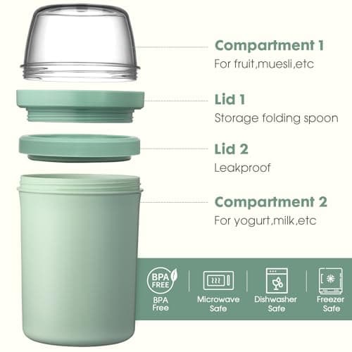 Mitsemmo Cereal Cup On The Go,600ml+270ml Breakfast Pots to Go,Yogurt and Granola Pot,Muesli Cup Travel Bowl and Milk Container for Work,Overnight Oats Jar with Lid & Spoon(Nordic Green) — view 2